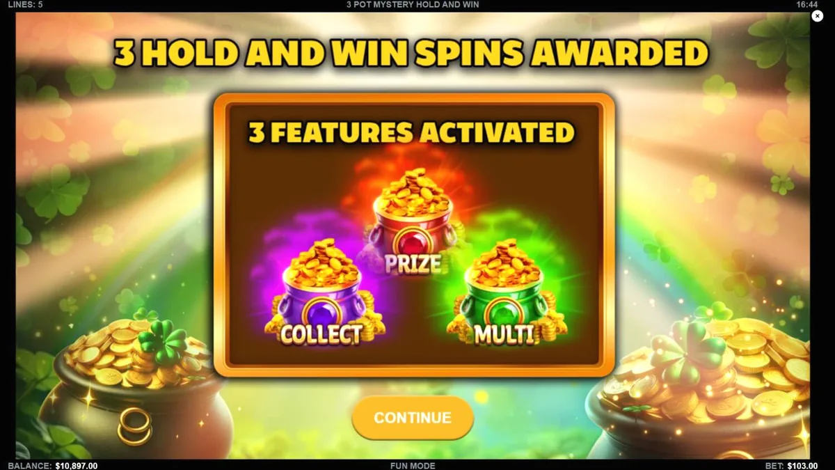 Tampilan visual mesin slot 3 Pot Mystery Hold and Win dengan simbol emas dan pot misterius.