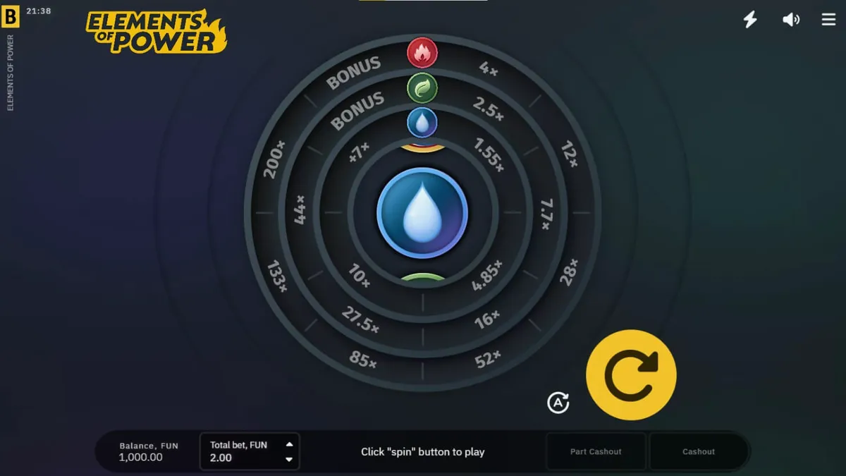 Tampilan visual futuristik dari game slot Elements of Power dengan elemen alam yang bercahaya